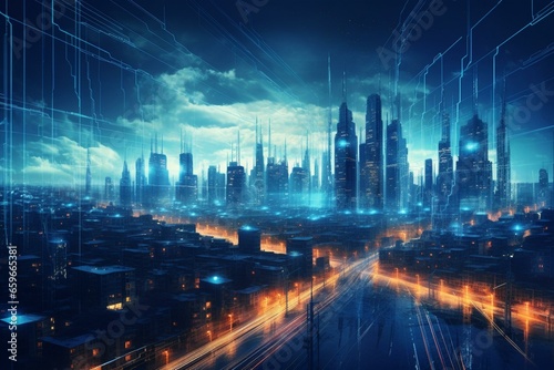 Futuristic cityscape with glowing blue circuit board-like electric lines against a digital sky. Generative AI