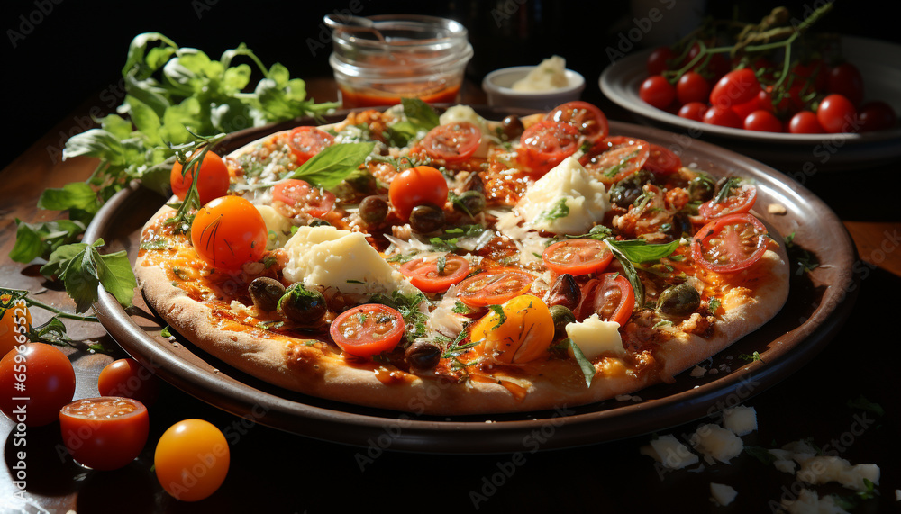 Freshly baked vegetarian pizza on rustic wooden table for lunch generated by AI Freshly baked vegetarian pizza on rustic wooden table for lunch generated by AI