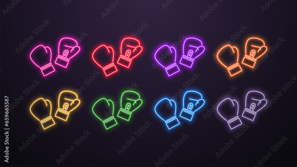 A set of neon bright shiny boxing glove icons in the colors green, orange, blue, white, red, yellow, purple and pink on a dark background. - obrazy, fototapety, plakaty 
