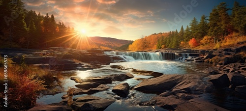 sunny morning waterfall park with rushing river, large rocks and colorful autumn trees © Case