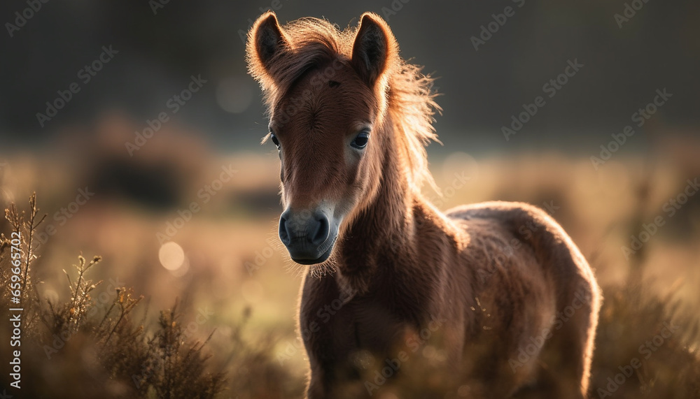 Stallion grazing in meadow at sunset, beautiful generative AI