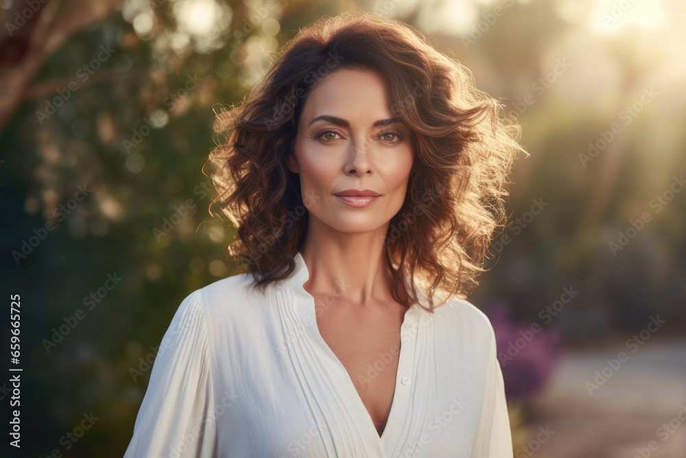 Beautiful hispanic middle age woman outdoors. Portrait of attractive, dark-haired, brunette woman on sunny day in nature Beautiful hispanic middle age woman outdoors. Portrait of attractive, dark-haired, brunette woman on sunny day in nature
