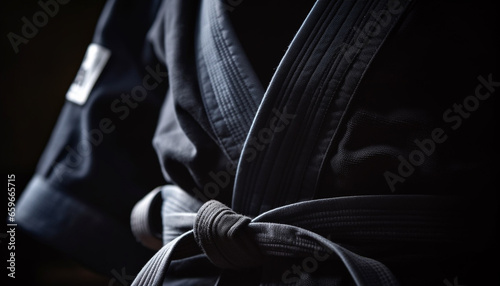 Black belt athlete practicing Taekwondo in dojo generative AI photo