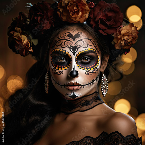 Mesmerizing Mexican Beauty in Sugar Skull Makeup and La Cuera photo