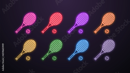 A set of neon glowing icons of tennis rackets with a ball in the colors green, orange, yellow, pink, purple, white, blue and red on a dark background. A concept for sports.