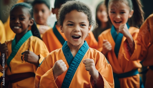 Multi ethnic group of children practicing Taekwondo indoors generative AI