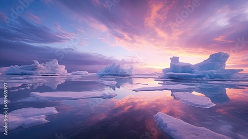 frozen lake with glaciers in autumn-winter with beautiful colorful skies