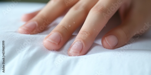 Close-up of perspiration on a woman hand grabbed a piece of sheet on the bed , concept of Hygiene