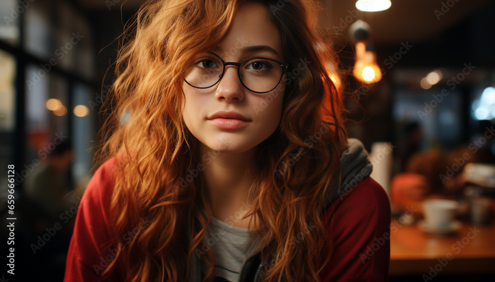 Beautiful young woman exudes confidence and elegance in city night generated by AI Beautiful young woman exudes confidence and elegance in city night generated by AI