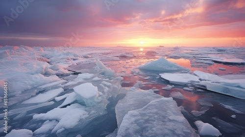 frozen lake with glaciers in autumn-winter with beautiful colorful sunset at dusk