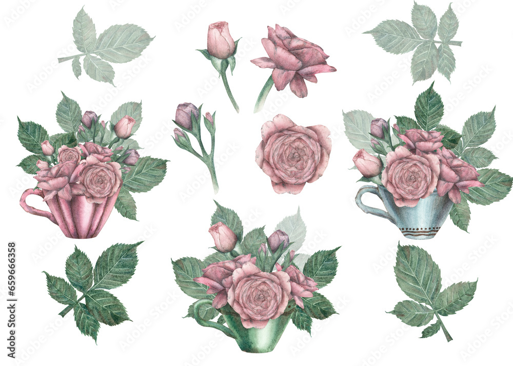 Vintage set of porcelain cups of pink, blue, green flowers, a bouquet of roses and individual isolates of flowers on a white background. Watercolor illustration. Template for the design of postcards