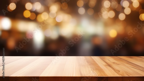 Empty wooden table from above on blurred Christmas decorative background cafe restaurant in dark background, selective focus. Mounting product display. For product display montage AI