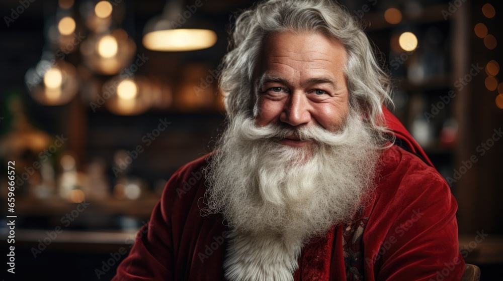 Senior bearded man smiling and looking at camera while sitting at christmas tree.