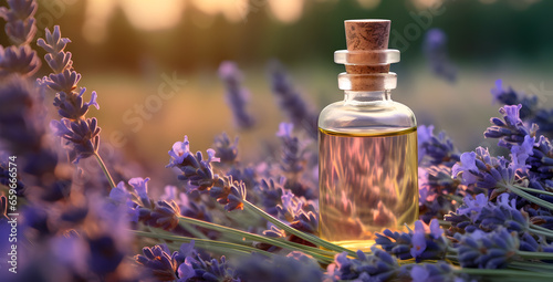 Vial with lavender oil on a natural background