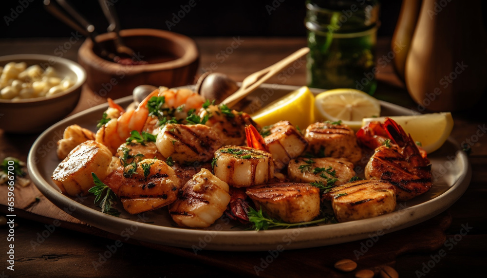 Grilled meat and seafood on rustic plate generative AI Grilled meat and seafood on rustic plate generative AI