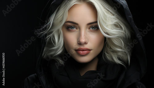 Beautiful blonde woman exudes elegance and sensuality in headshot portrait generated by AI