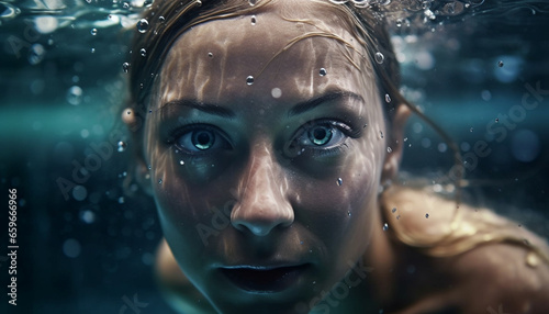Smiling young woman splashes in blue water generative AI