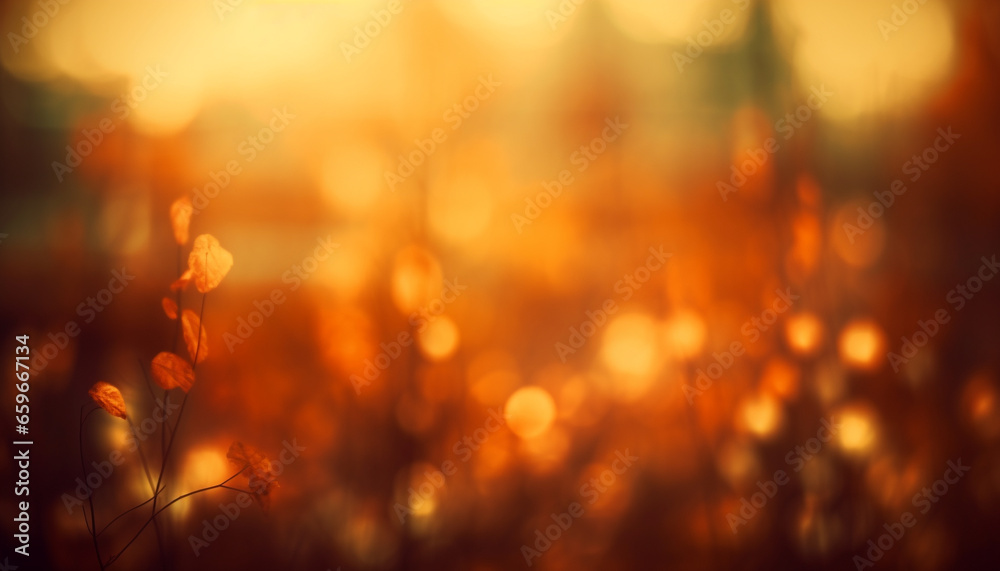 Vibrant autumn meadow illuminated by soft glowing sunlight at dusk generated by AI - obrazy, fototapety, plakaty 