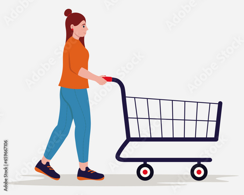 Woman With Empty Trolley. Shopping Template. Flat Style Vector Illustration