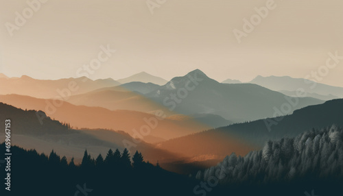 Majestic mountain range silhouetted at dawn, a tranquil scene generated by AI