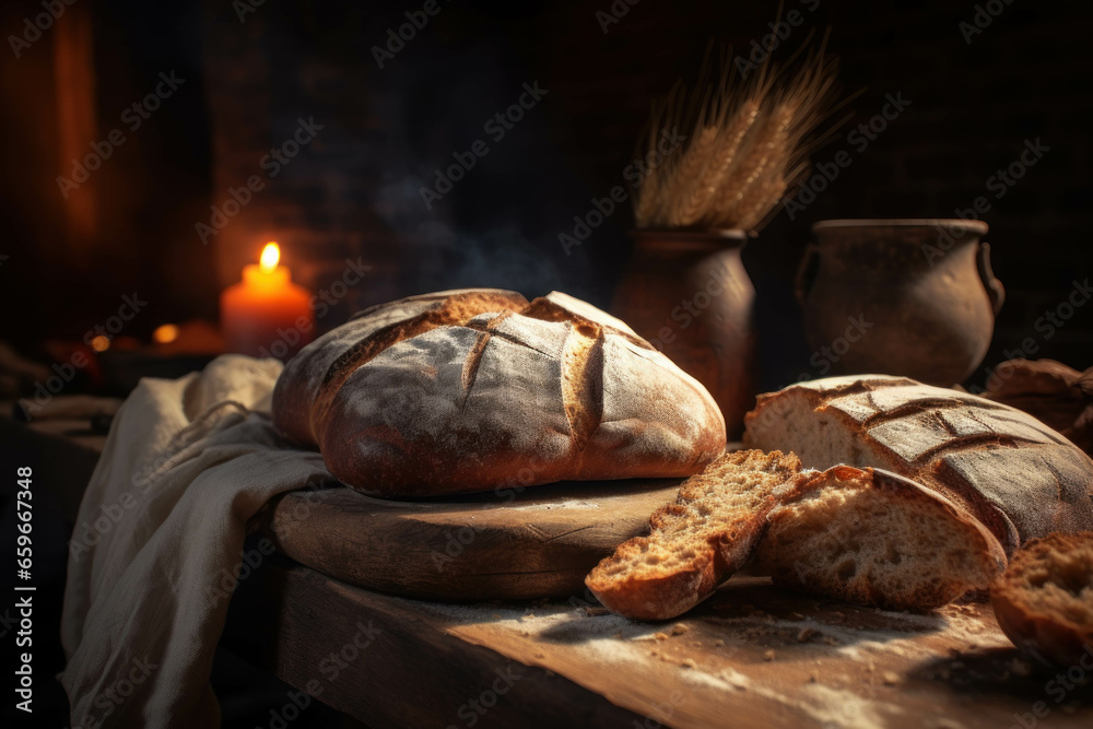 Freshly baked bread on a wooden table in front of a fireplace Freshly baked bread on a wooden table in front of a fireplace