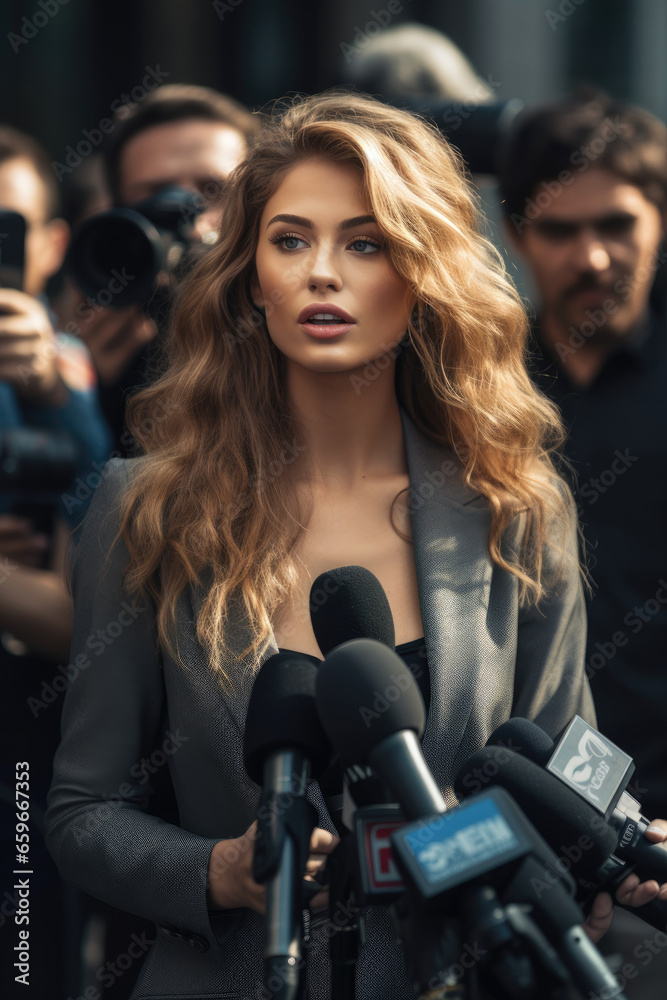 Beautiful woman making a statement to the press outdoors Beautiful woman making a statement to the press outdoors