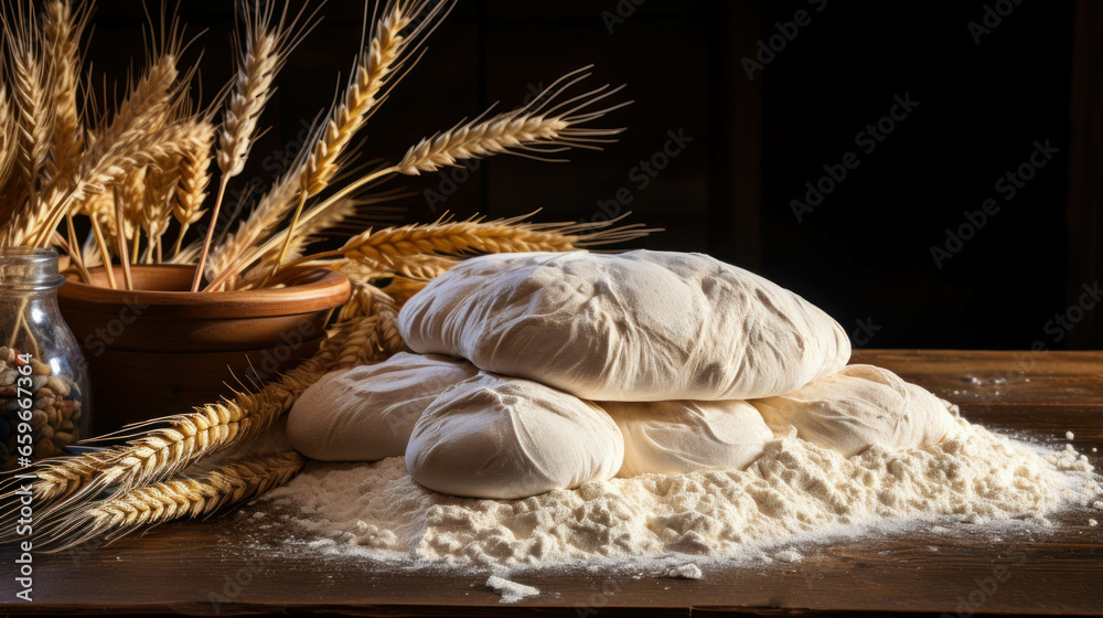 Not yet baked bread and ears of wheat on a wooden table with flour Not yet baked bread and ears of wheat on a wooden table with flour
