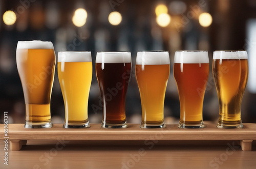 Six glasses arranged in a row with craft beer on the wooden bar table