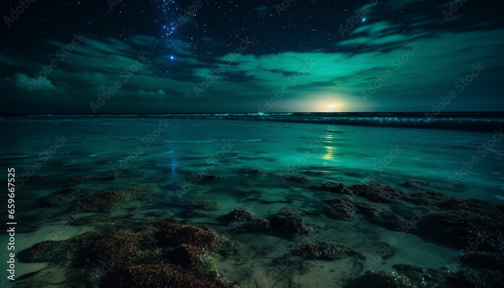 Tranquil seascape at dusk, illuminated by the milky way galaxy generated by AI