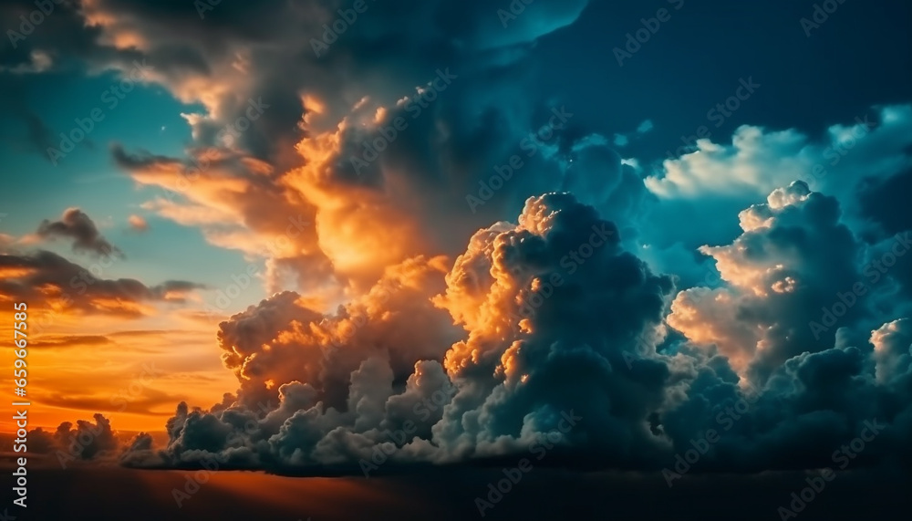 Vibrant sunset sky, fluffy cumulus clouds, nature beauty panoramic view generated by AI