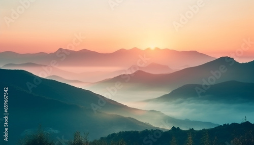 Majestic mountain range silhouettes against a tranquil sunset sky generated by AI