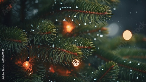 Glowing Christmas Lights and Pine Needles