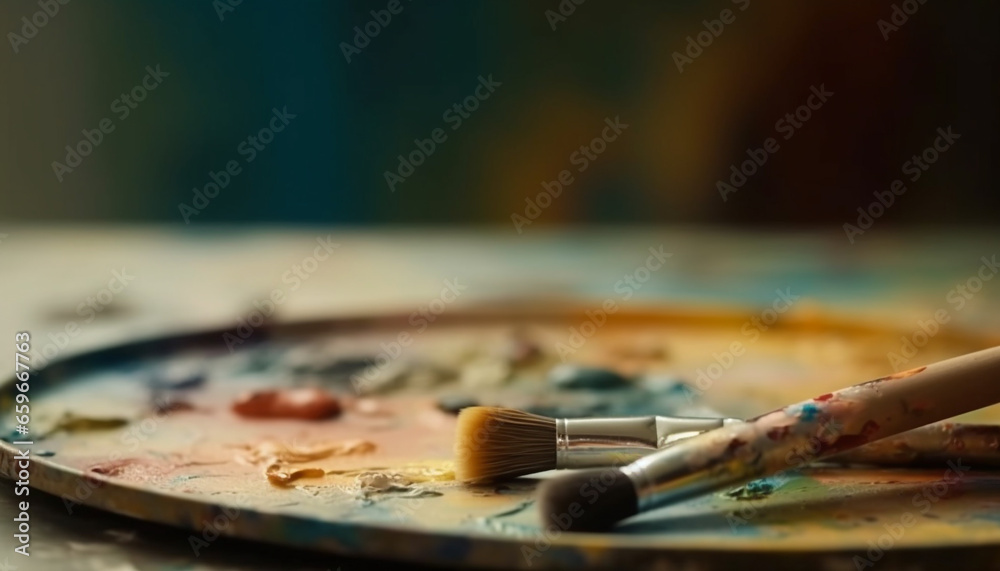 Artist messy studio showcases creativity with multi colored paintings and equipment generated by AI