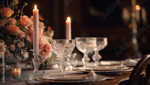 Elegant wedding celebration with candlelight, wine, and ornate decorations generated by AI
