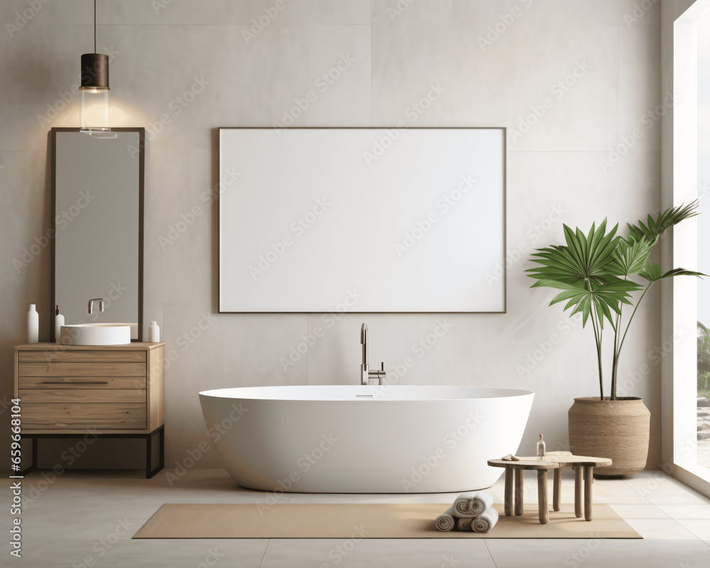 Fototapeta premium Empty picture frame on bathroom wall 