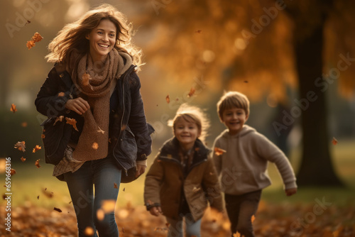 Mujer con dos niños dando paseo por el bosque en atardecer otoñal