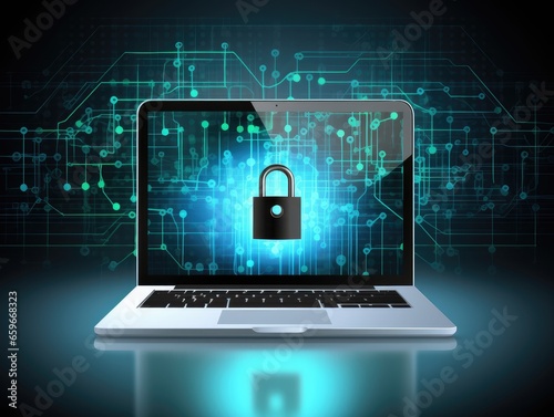 illustration of computer with security padlock, computer security © carballo