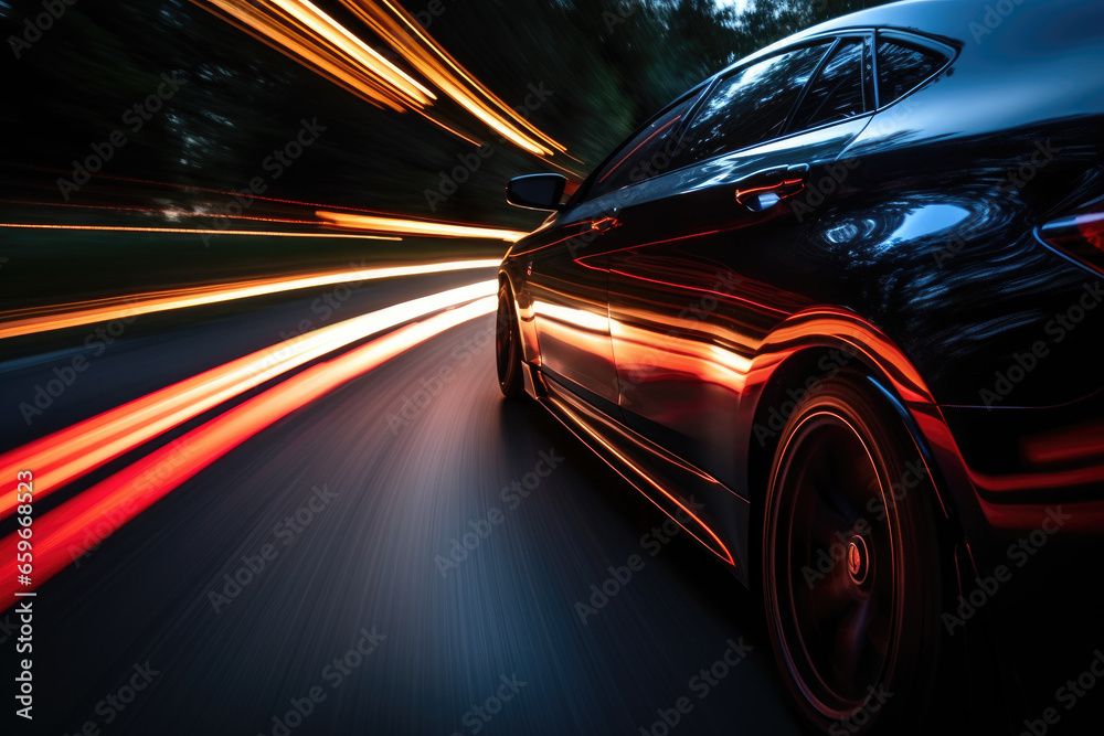 Modern futuristic car in movement. Cars lights on the road at night time. Timelapse, hyperlapse of transportation. Motion blur, light trails, abstract soft glowing lines