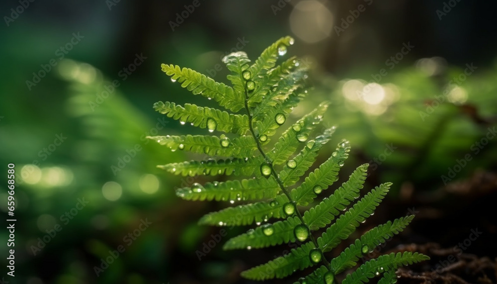 Vibrant foliage in dewy rainforest, new life in tranquil surroundings generated by AI