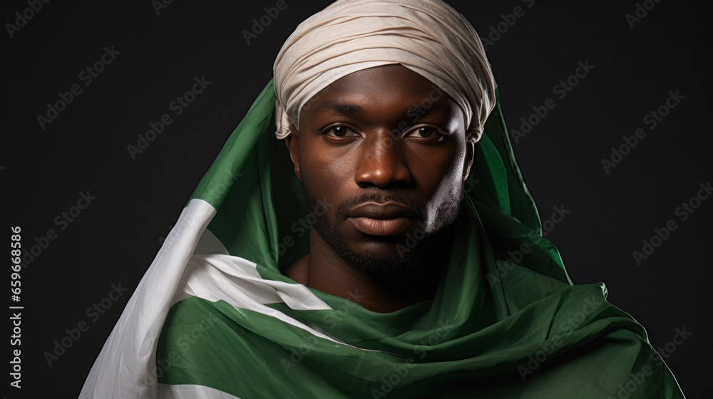 Naklejka premium Man in Nigerian Flag Green White Dress and Headwrap. Nigeria Independence Day. Model in Fashion African Turban over Gray. Muslim men wearing Green Headscarf drape