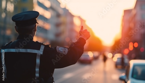 One police officer standing outdoors pointing at a skyscraper generated by AI