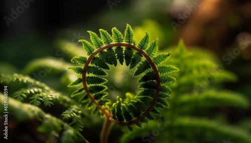 Fresh green frond spirals in organic growth, beauty in nature generated by AI