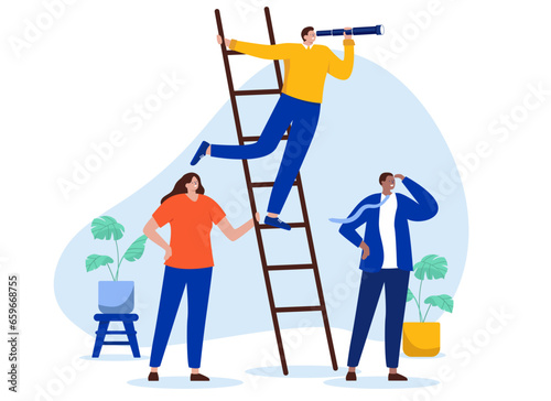 Businesspeople looking forward - Team of people looking ahead with binoculars standing on ladder, planning the future of business and company. Flat design vector illustration with white background