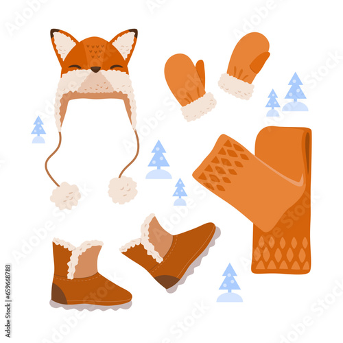 Set of children's winter outerwear for walking outside. Warm knitted hat with fox face, fur mittens, patterned scarf, brown boots with fleece lining. Vector illustration in flat style.