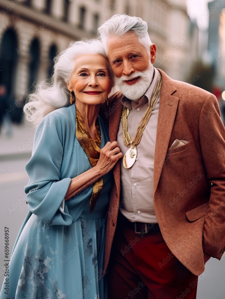 Stylish elegant dressed european couple of elderly people, aged woman and man fashion models in the street, happy lady and gentleman with gray hair