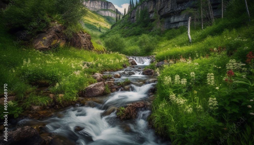 Obraz premium Tranquil scene of majestic mountain range, flowing water and greenery generated by AI