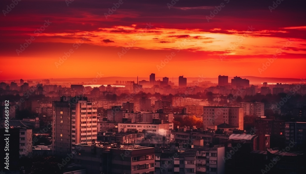 Silhouette of city skyline glows in multi colored sunset sky generated by AI