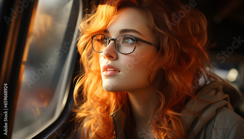 Beautiful young woman driving car, looking away with sunglasses on generated by AI © djvstock