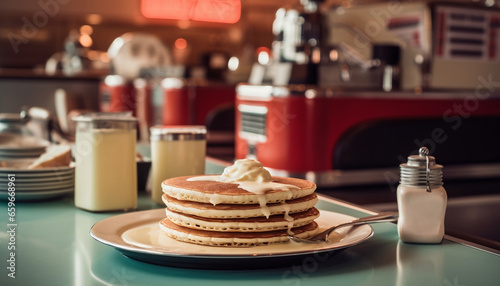 Stack of sweet pancakes with syrup pouring generative AI