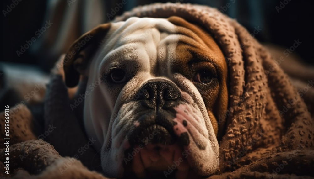 Portrait of two pampered bulldog friends indoors generative AI